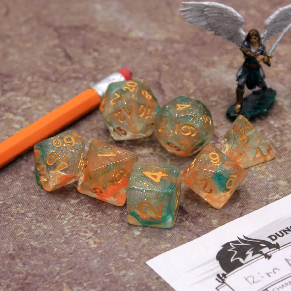 "Cantaloupe Cantrip" - Green and Orange Sparkle Swirl - Polyhedral Dice (7) - Level One Dice - Image 5